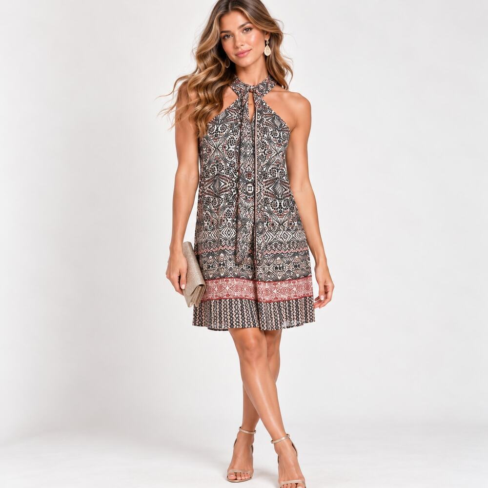 Soma Halter-Neck O-Ring Geometric Mosaic Print Dress Women's Size L Casual Boho